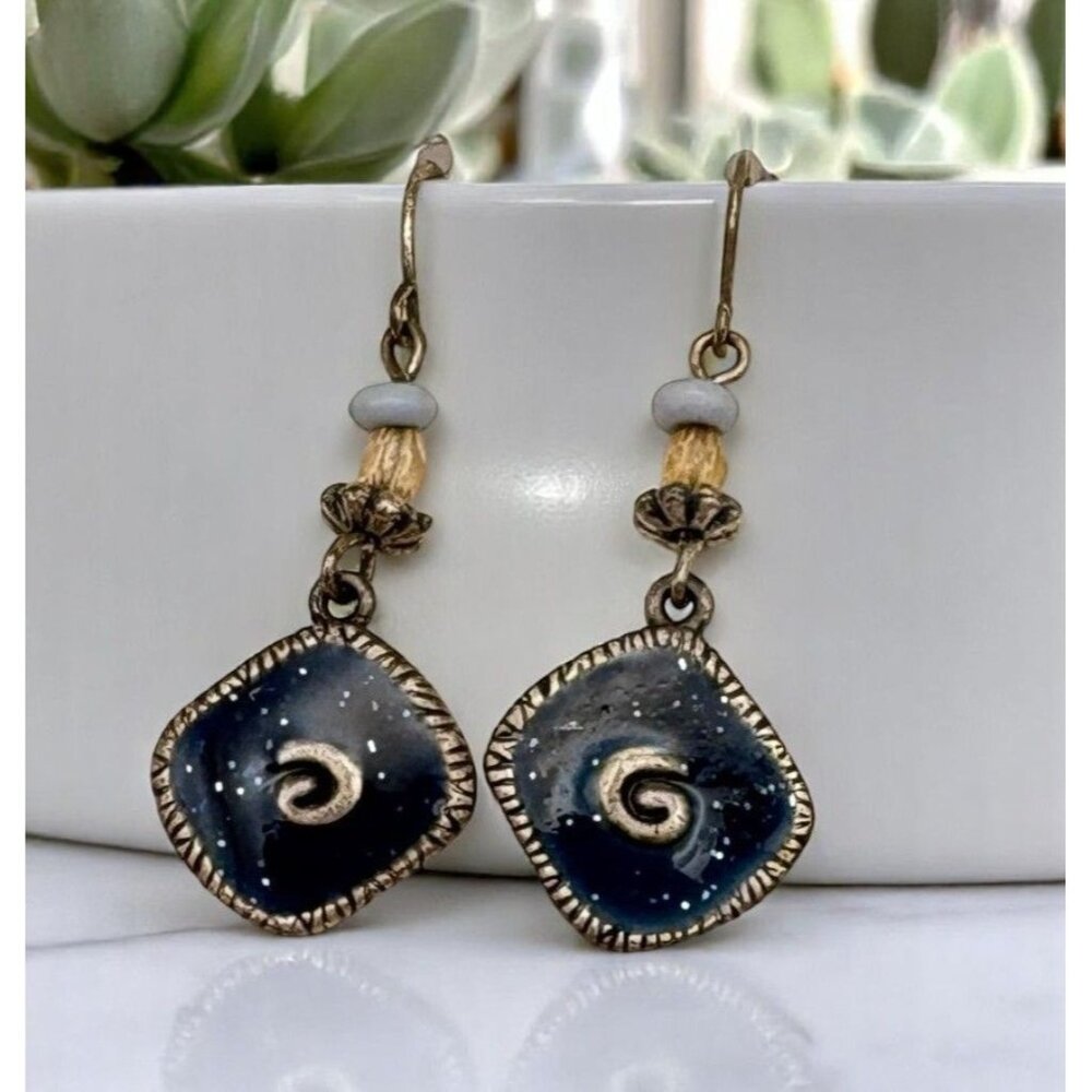 Avon Bead Swirl Design Dangle Earrings Blue Enamel Glitter Finish Silver Tone